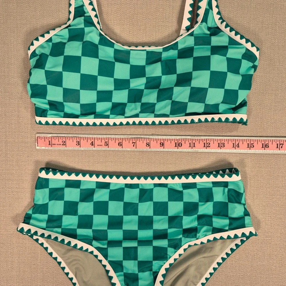 Women Green Checkered Ric Rac High Waisted Bikini Set Size L NWOT